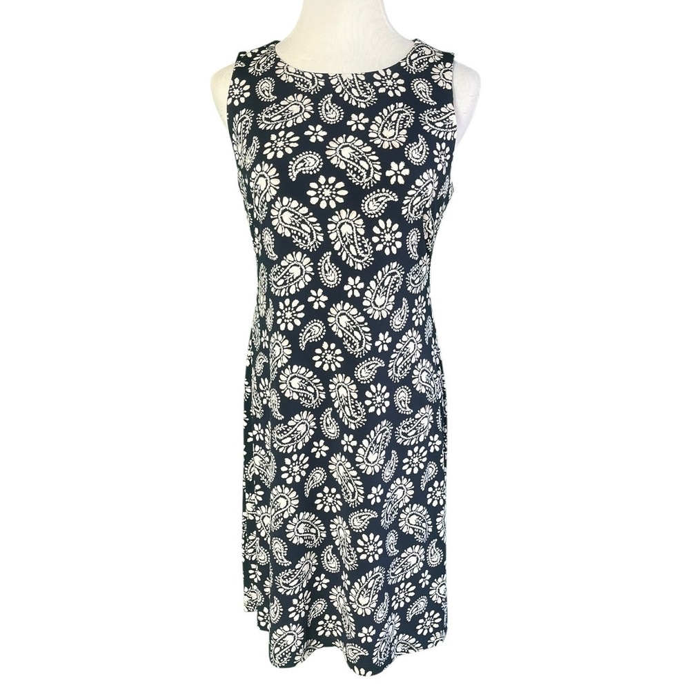 Tommy Hilfiger Navy Blue Cream Paisley Floral Sheath Dress‎ Sleeveless Size 8